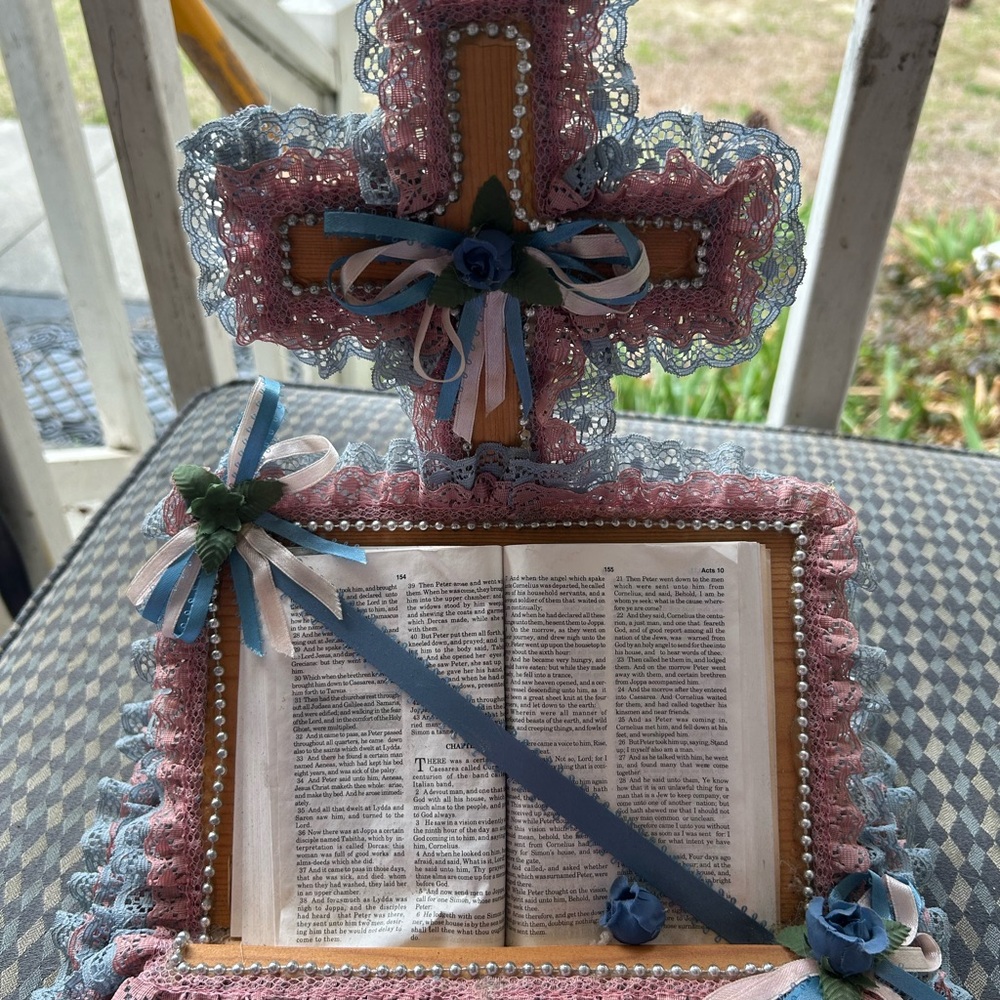 Decorative Lace Cross with Open Bible